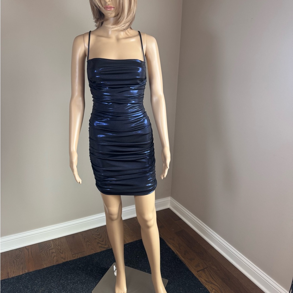 AKIRA Metallic Navy Ruched Bodycon Mini Dress Open Back Clubwear NWT - Picture 4 of 8